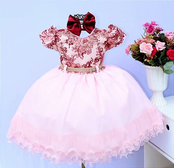 Vestido Rosa / Peito de Renda Marsala
